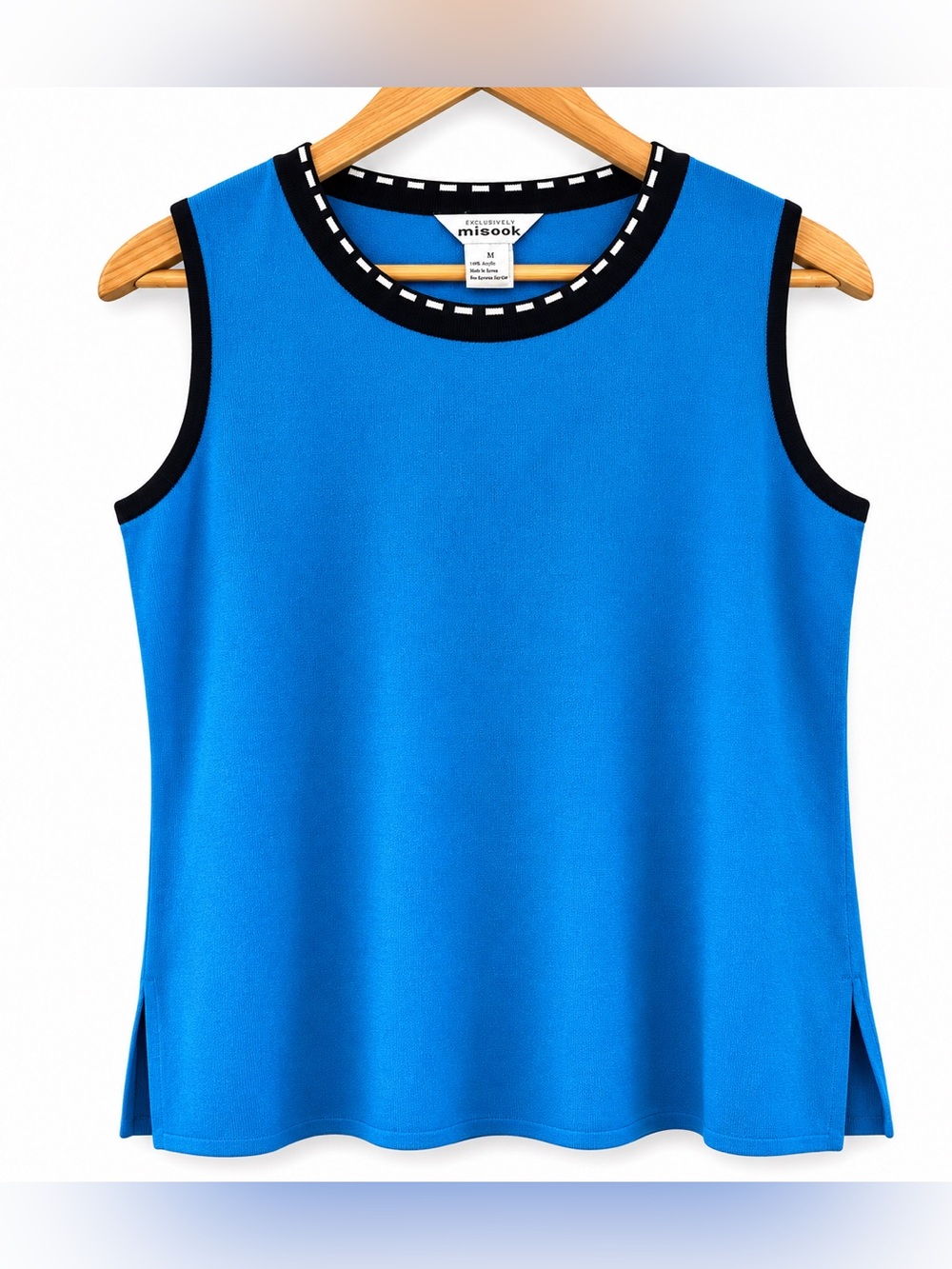 Misook Sleeveless Knit slinky tank Top Blue Black Trim M preppy comfy luxury